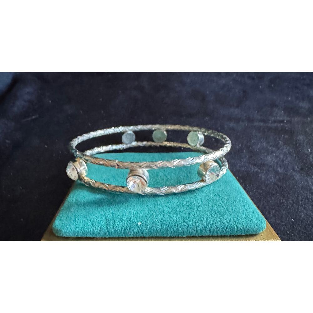 Silver Rhinestone Bangle Bracelet Textured Double Band 3” Wide Statement B013